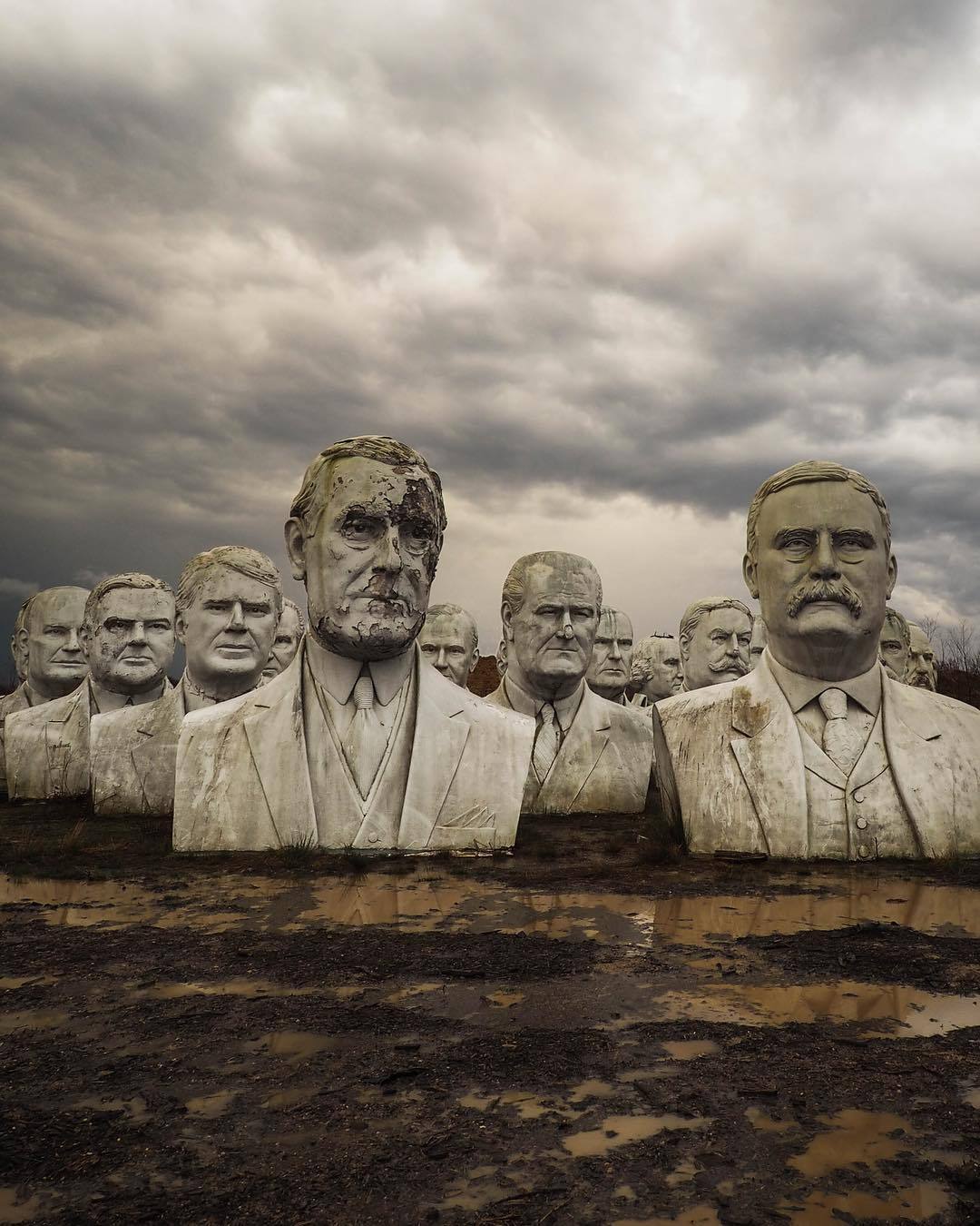 Photo by Jenn Brown. Smithsonian Magazine: “43 ghostly effigies of presidents past crowd together in the tall grass. Some of the 18-to-20-foot busts have crumbling noses. Tear-like stains fall from the eyes of others. The busts are all that remains...